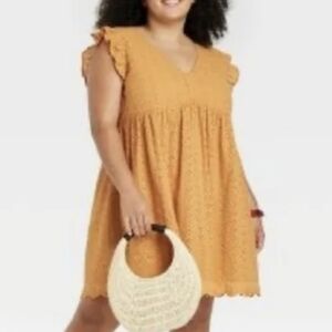 Knox Rose Mustard Eyelet V-Neck Ruffle Sleeve Dress